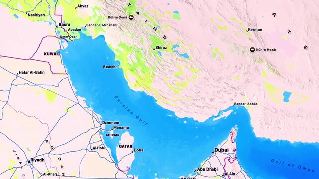 Detailed Map of Persian Gulf, Gulf of Oman, Iran and Middle East Showing Regional Borders, Seas, Countries and Strategic Geographic Locations