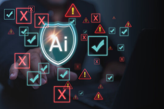 A user reaches out to interact with high-tech cybersecurity protection screen, and an advanced artificial intelligence security shield filters data with Multiple red error marks and green checkmarks.