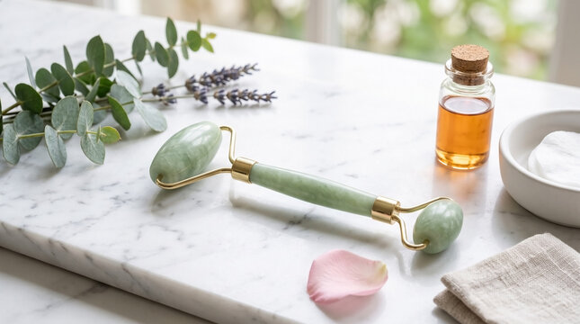 Jade facial roller on marble countertop with glass bottle of golden oil and dried lavender sprigs. Jade facial roller sits near eucalyptus and pink petal. Relaxing jade facial roller for home spa.