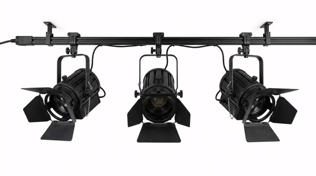 Three black professional studio track lights mounted on a ceiling rail against a white background.