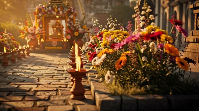 Clay oil lamps burn along a paved path decorated with flowers and a shrine