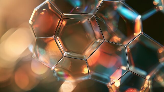 Iridescent soap bubble foam lattice. Soft warm blurred background with rainbow reflections on thin liquid membranes. Abstract science texture for backgrounds or wall art.