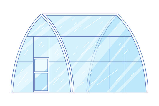 Modern gothic arch glass greenhouse structure with pointed curved glass roof and entrance door for sustainable agricultural farming concept