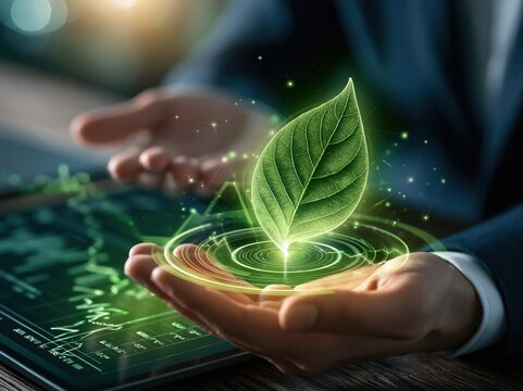 Hands hold a glowing green leaf above a surface with charts in a modern office setting