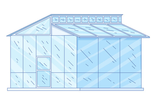Modern sawtooth uneven span glass greenhouse structure with clerestory roof ventilation windows for commercial agricultural farming concept