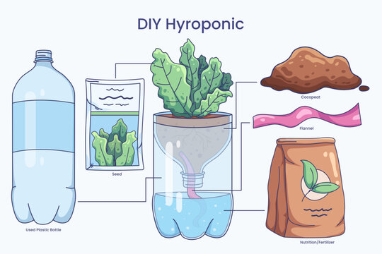 DIY hydroponic wick system diagram using recycled plastic bottle flannel wick cocopeat medium and nutrient fertilizer for home urban gardening concept
