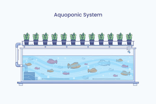Aquaponic system diagram showing closed loop water circulation between fish tank reservoir and upper crop tray for sustainable aquaculture and hydroponic farming concept