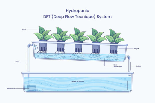 Diagram of a hydroponic Deep Flow Technique system showing a continuous deep stream of nutrient water circulating through netpots with leafy plants