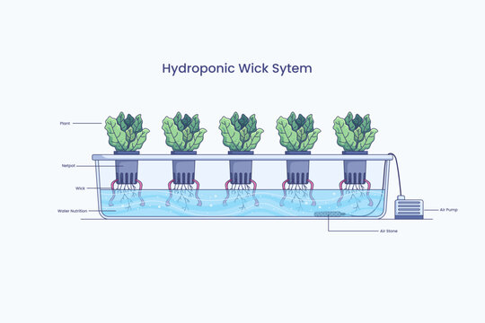 Diagram of a passive hydroponic wick system showing capillary wicks feeding plant netpots with air stone aeration in nutrient solution reservoir