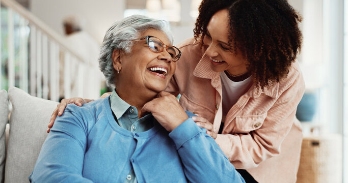 Family, love and woman with senior mother in home, bonding or laughing with daughter in living room. Happy person, support and affection for elderly parent, together and connection with mom in house