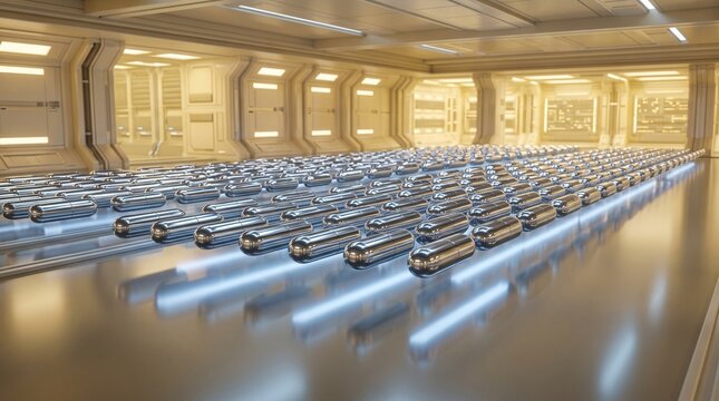 Symmetrical rows of metallic chrome capsules with glowing cyan undersides float inside a bright, futuristic corridor.
