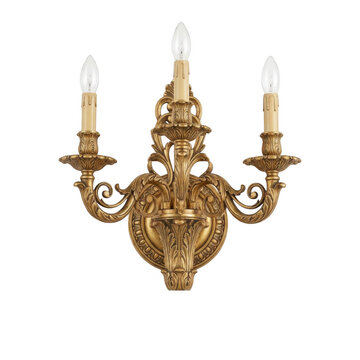 Ornate gold three-arm wall sconce with detailed acanthus leaf and scrollwork carvings isolated on a black background, for luxury lighting isolated on a transparent background
