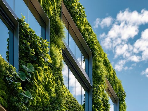 Green wall on a modern building showcases plants and nature in a city during daytime near clear blue sky