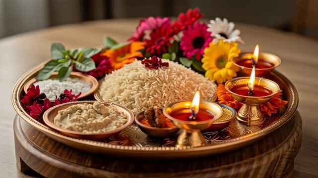 Hindu religious prayer plate with burning oil lamps and rice offerings