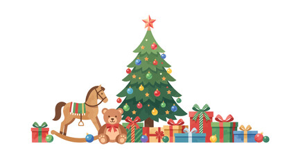 Fototapeta premium A festive Christmas scene with a decorated tree, gifts, a rocking horse, and a teddy bear on a white background.