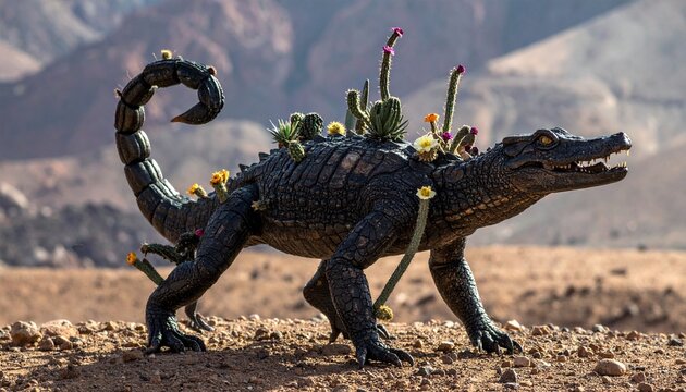 Surreal alligator with cactus growing on its back in desert