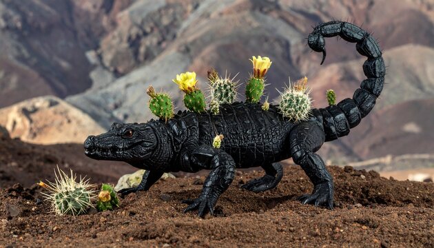 Scorpion alligator hybrid with cactus growing on its back