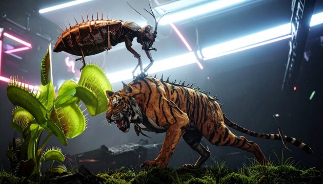 Tiger and insect with carnivorous plant in neon light
