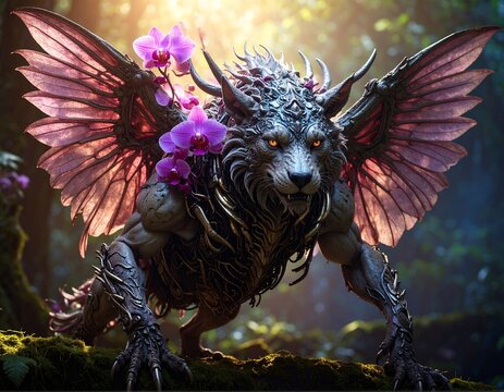 Mythical winged creature with flowers in forest