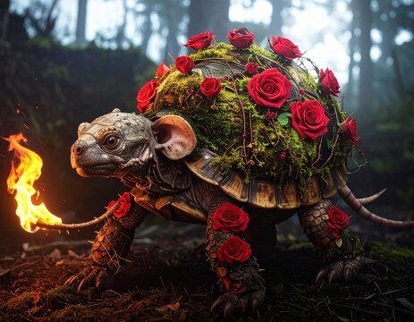 Fantasy turtle with roses and fire in forest