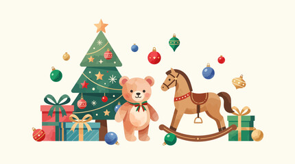 Fototapeta premium A charming watercolor illustration of Christmas toys and decorations, featuring a festive tree, a teddy bear, a rocking horse, and gift boxes, set against a light background.
