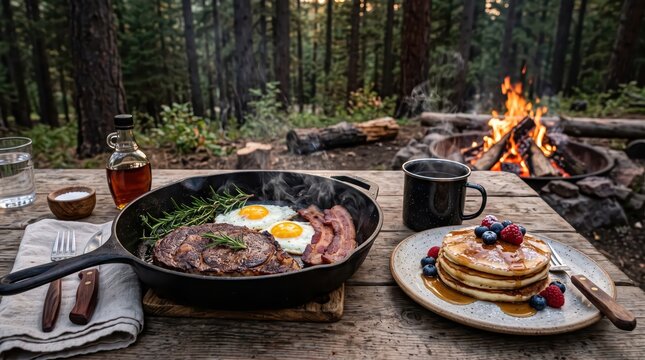Outdoor campsite breakfast with cast iron skillet of steak eggs and bacon alongside stack of pancakes topped with berries beside a campfire in forest morning. rustic meal setup for campers and hikers.