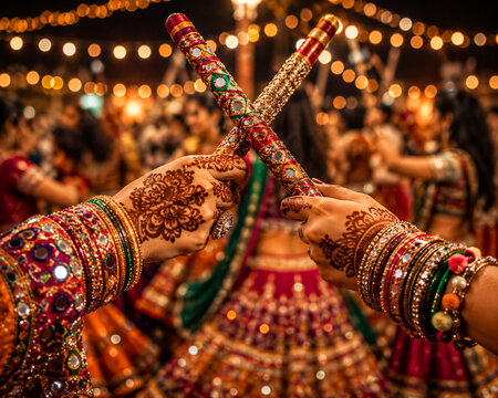 Dandiya Raas Celebration with Decorated Dandiya Sticks and Traditional Indian Festive Attire