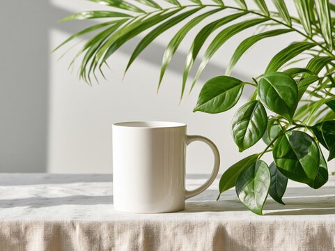 Coffee mug placed on a light-colored table with green plants around in a bright room