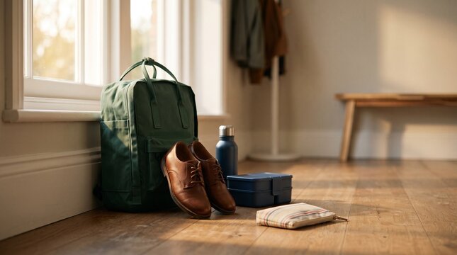 Green backpack brown leather shoes lunch box and water bottle on wooden floor in cozy morning sun light modern student back to school daily office work commute preparation lifestyle background