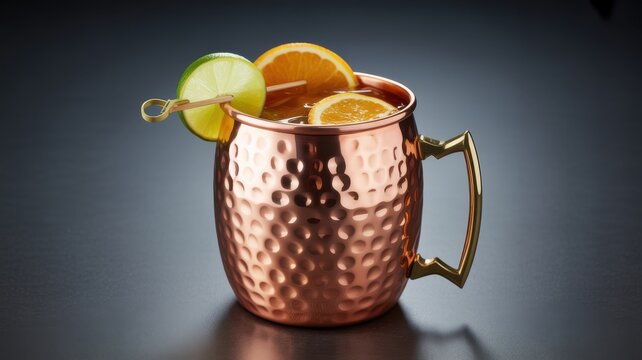 Moscow mule cocktail in hammered copper mug