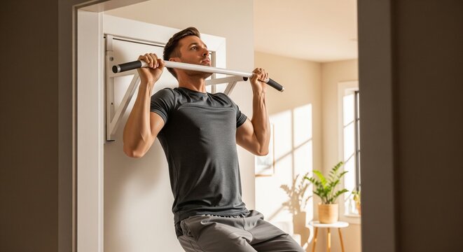 Man performing pull-ups at home with minimalist indoor gym setup