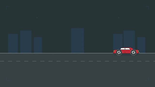Animated video of a car driving at moderate speed along a city street.