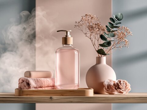 Bathroom scene with skincare products on wooden shelf near dried flowers and towel