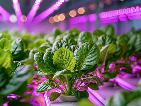 Growing lettuce in a greenhouse with purple lights during the day in an indoor farming setting