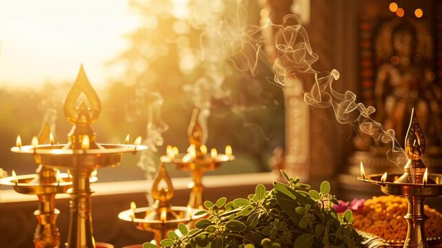 Golden Brass Oil Lamps Glow During Hindu Religious Festival Ceremony