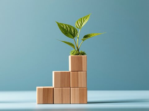 Concept of growth with green plant on wooden blocks showing steps in a colorful background