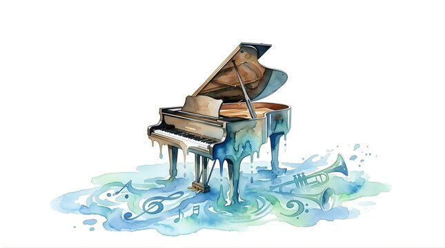 Grand piano with musical instruments in artistic watercolor style