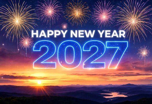 Spectacular happy new year 2027 celebration with fireworks and glowing numbers in sunset sky