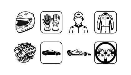 Fototapeta premium Car Racing and Motorsport Icon Set Featuring Helmet Gloves Driver Suit Engine Sports Car Formula One Racer and Steering Wheel Vectors