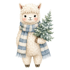 Naklejka premium Alpaca carrying a small Christmas tree with a scarf on a clear background