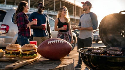 Fototapeta premium Diverse Group of Friends Enjoying a Pre-game Football Tailgate Party with Burgers and Drinks