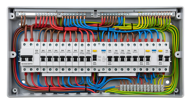 Modern open electrical distribution board with multiple automatic circuit breakers and colorful copper wiring, isolated on transparent background.
