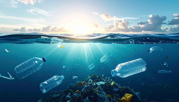 Ocean surface with floating plastic debris gradually dissolving into clean water, conceptual environmental illustration, realistic reflections, dramatic lighting, no humans
