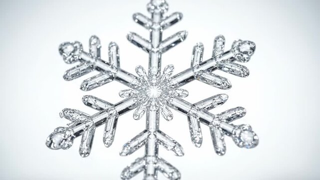 closeup macro shot of a detailed ice crystal snowflake with intricate geometric patterns, representing winter and cold weather