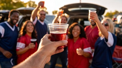 Obraz premium Diverse Group of Friends Enjoying a Pre-game Tailgate Celebration with Drinks in Hand