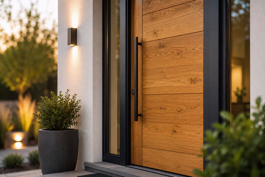 Moderne Holzhaust&uuml;r mit schwarzem Rahmen und Au&szlig;enbeleuchtung