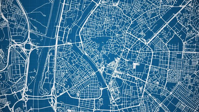 Ink reveal animation of Seville (Sevilla) city, Spain (Espa&ntilde;a), grid map. Aerial top view. Blueprint style. White lines with blue background. 4K Seamless loop.