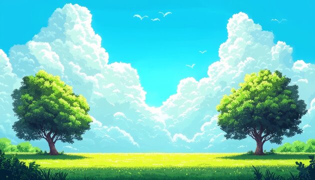 Expansive green field is a focal point in the artwork.