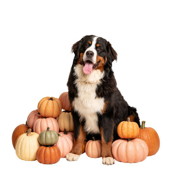 Bernese Mountain Dog sitting among a pile of colorful harvest pumpkins isolated on transparent or white background, png