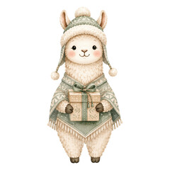 Naklejka premium Llama smiling and holding a wrapped gift with a joyful appearance